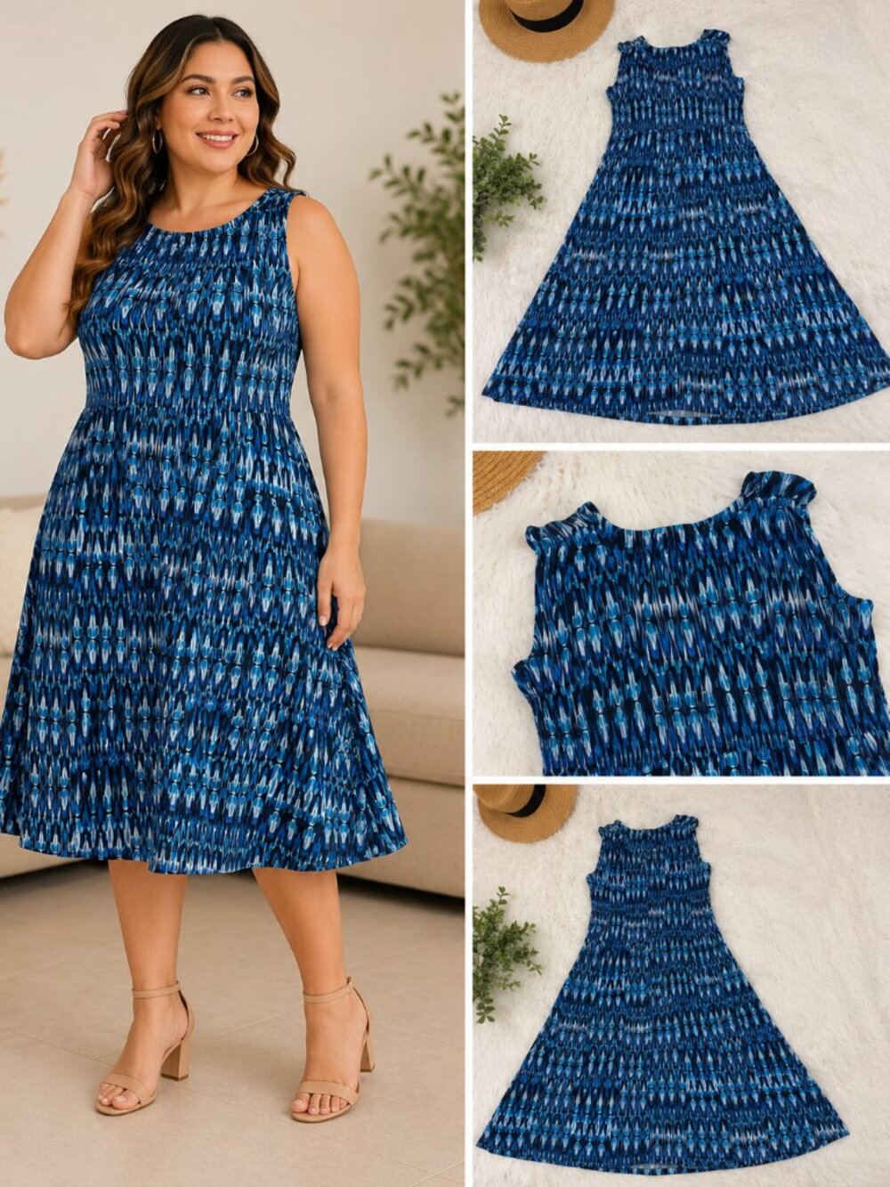 Lane Bryant Blue Ikat Smocked Midi Maxi Dress | Size 22-24 | Stretch